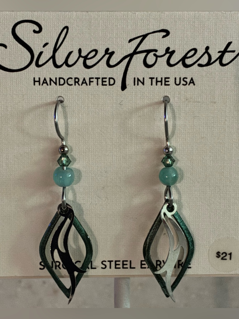 New Silver Forest Earrings Green SilverTone Layered Bead Wire Surgical Steel